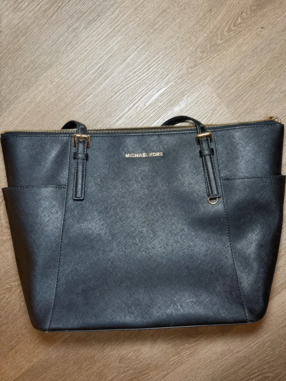 Michael Kors Black Saffiano Leather Shoulder Tote with Gold Hardware